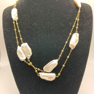 Milor Italy 925 Sterling Gold Vermeil Baroque Genuine Pearl Long Necklace 36"